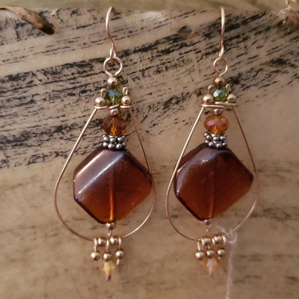 Dangling Goldtone Brown Bead Earrings